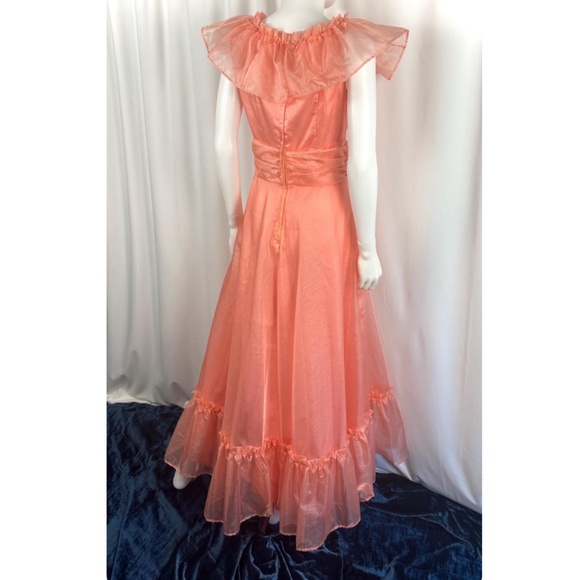Vintage 1960’s 1970’s Custom Made Ruffled Collar Evening Gown in Orange • XS/S - Picture 6 of 10
